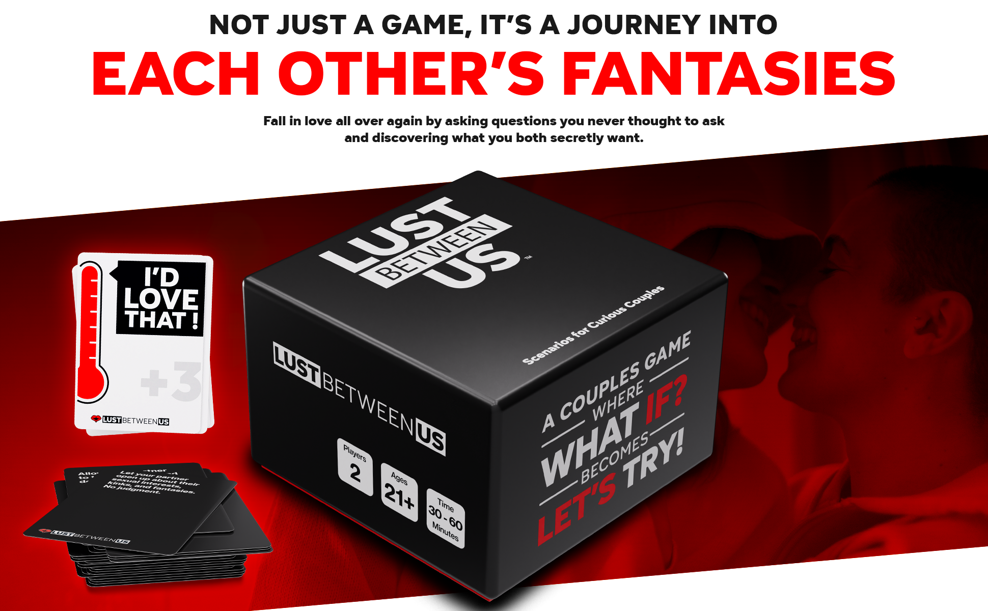 Lust Between Us Game box with scenario cards and interest cards with a couple kissing in the background with a text overlay that says, "Not just a game, it's a journey into each other's fantasies. Fall in love all over again by asking questions you never thought to ask and discovering what you both secretly want."